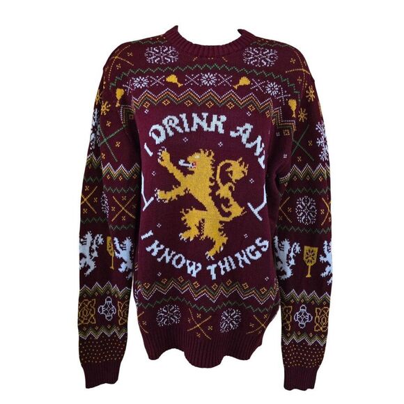 Game Of Thrones "I Drink And I Know Things" Lion Holiday Sweater Small Red Knit - Picture 1 of 7
